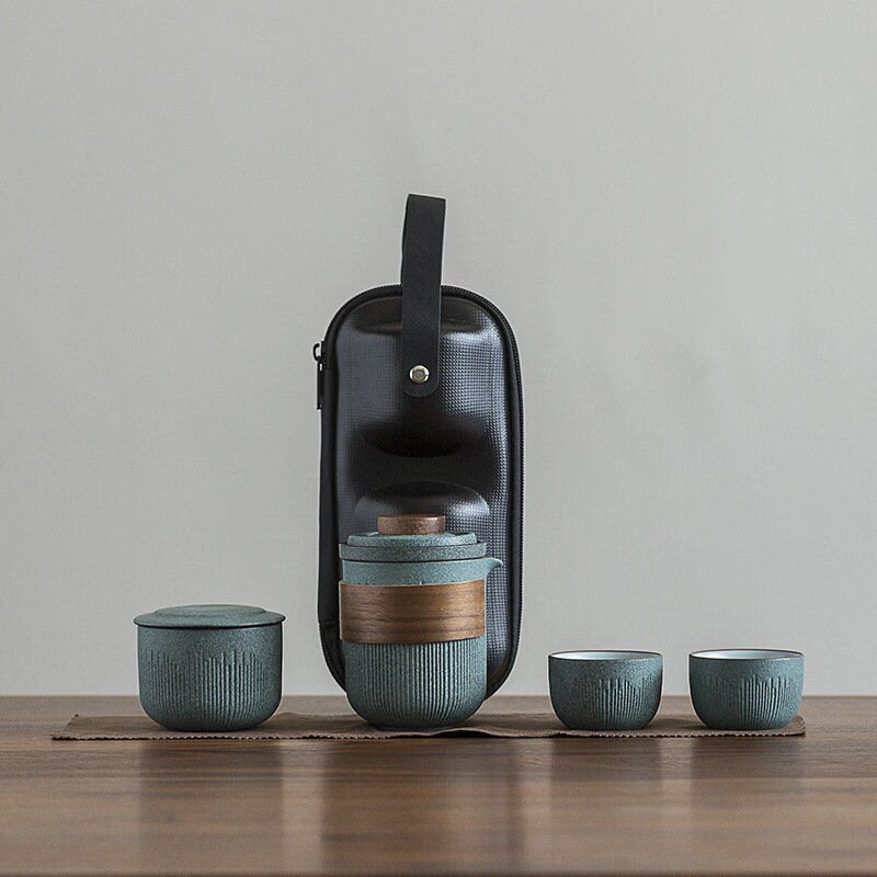 Ceramic Travel Portable Tea set  | Bluestone Glaze Striped Quick Guest Cup  |  Four Cups Ceramic  |  Travel Portable Tea Set Outdoor acacuss
