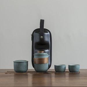 Ceramic Travel Portable Tea set  | Bluestone Glaze Striped Quick Guest Cup  |  Four Cups Ceramic  |  Travel Portable Tea Set Outdoor acacuss