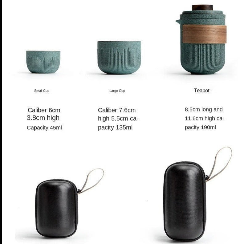 Ceramic Travel Portable Tea set  | Bluestone Glaze Striped Quick Guest Cup  |  Four Cups Ceramic  |  Travel Portable Tea Set Outdoor acacuss