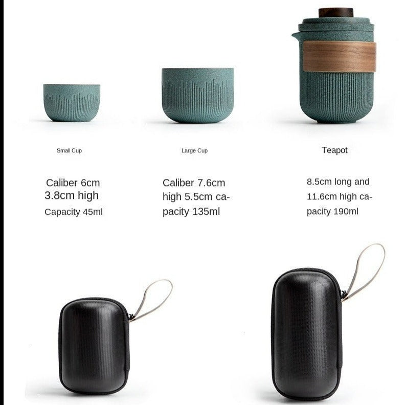 Ceramic Travel Portable Tea set  | Bluestone Glaze Striped Quick Guest Cup  |  Four Cups Ceramic  |  Travel Portable Tea Set Outdoor acacuss