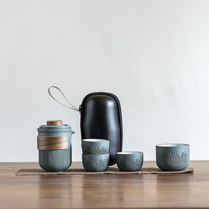Ceramic Travel Portable Tea set  | Bluestone Glaze Striped Quick Guest Cup  |  Four Cups Ceramic  |  Travel Portable Tea Set Outdoor acacuss