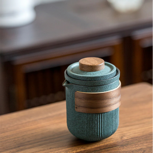 Ceramic Travel Portable Tea set  | Bluestone Glaze Striped Quick Guest Cup  |  Four Cups Ceramic  |  Travel Portable Tea Set Outdoor acacuss