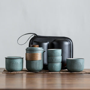 Ceramic Travel Portable Tea set  | Bluestone Glaze Striped Quick Guest Cup  |  Four Cups Ceramic  |  Travel Portable Tea Set Outdoor acacuss