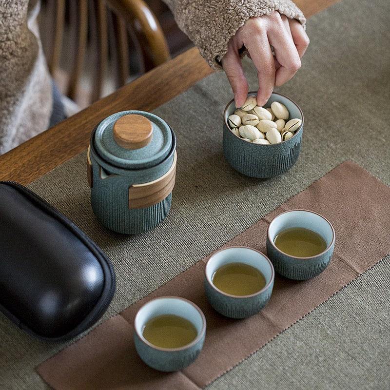 Ceramic Travel Portable Tea set  | Bluestone Glaze Striped Quick Guest Cup  |  Four Cups Ceramic  |  Travel Portable Tea Set Outdoor acacuss
