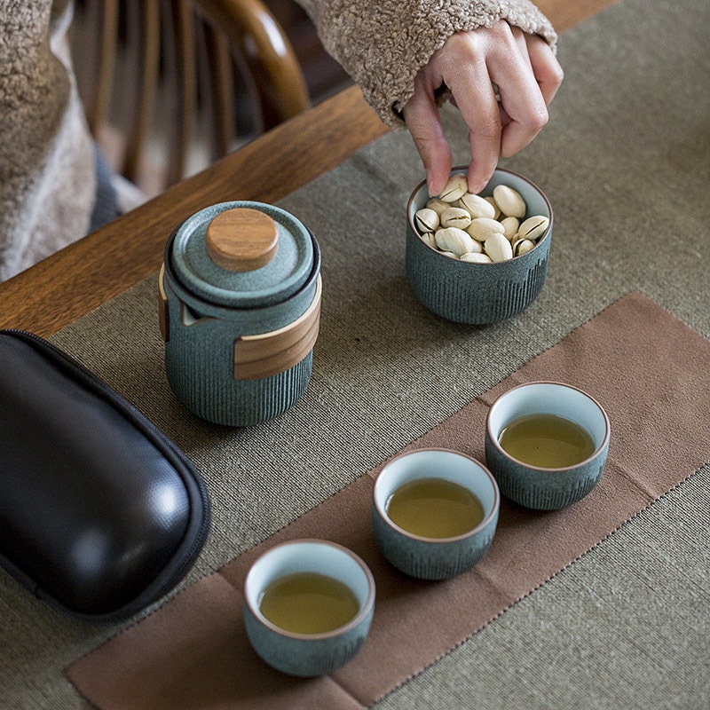 Ceramic Travel Portable Tea set  | Bluestone Glaze Striped Quick Guest Cup  |  Four Cups Ceramic  |  Travel Portable Tea Set Outdoor acacuss