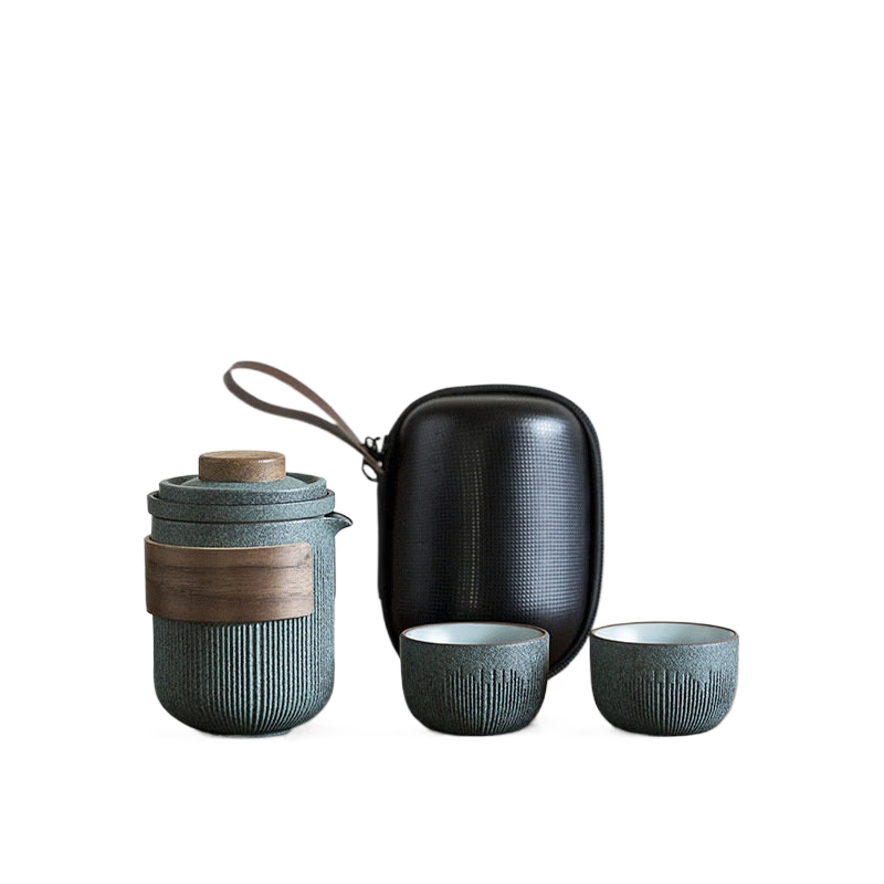Ceramic Travel Portable Tea set  | Bluestone Glaze Striped Quick Guest Cup  |  Four Cups Ceramic  |  Travel Portable Tea Set Outdoor acacuss