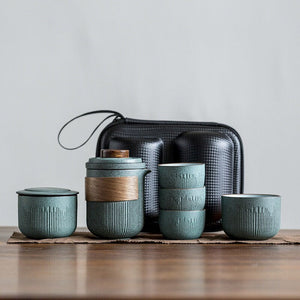 Ceramic Travel Portable Tea set  | Bluestone Glaze Striped Quick Guest Cup  |  Four Cups Ceramic  |  Travel Portable Tea Set Outdoor acacuss