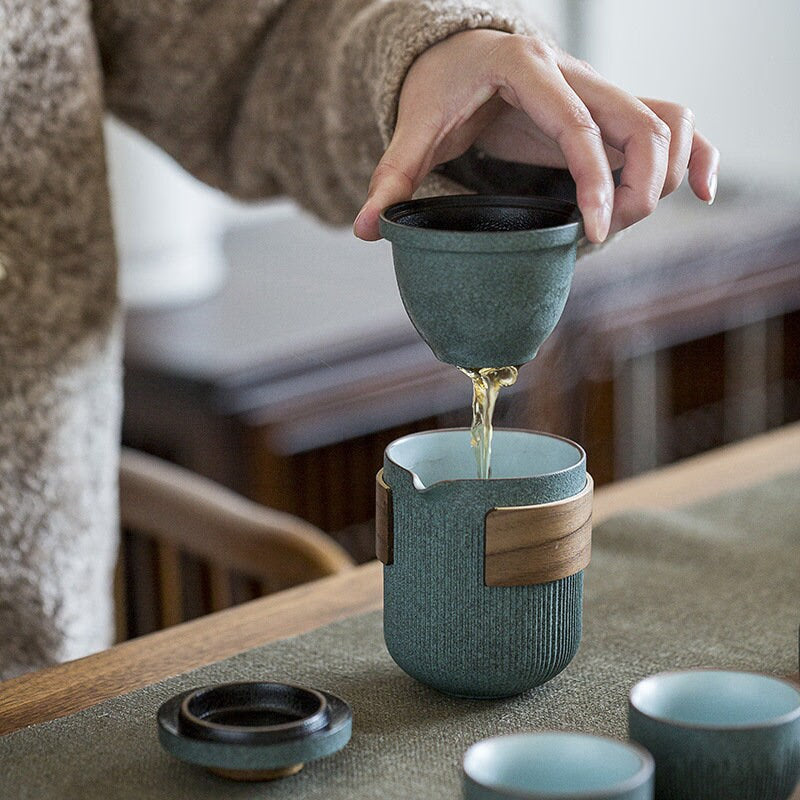 Ceramic Travel Portable Tea set  | Bluestone Glaze Striped Quick Guest Cup  |  Four Cups Ceramic  |  Travel Portable Tea Set Outdoor acacuss