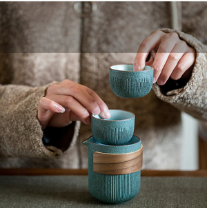 Ceramic Travel Portable Tea set  | Bluestone Glaze Striped Quick Guest Cup  |  Four Cups Ceramic  |  Travel Portable Tea Set Outdoor acacuss