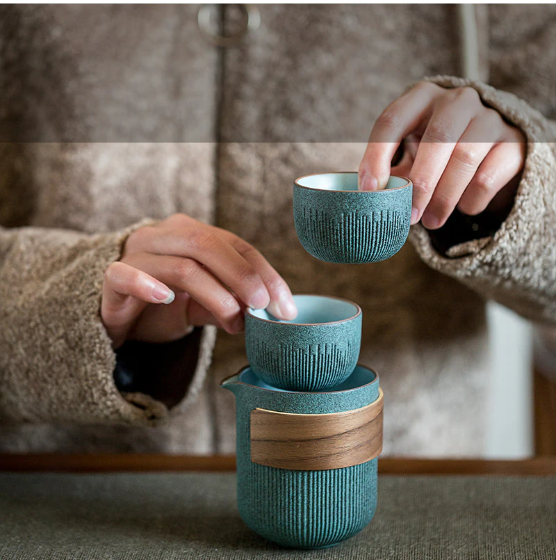 Ceramic Travel Portable Tea set  | Bluestone Glaze Striped Quick Guest Cup  |  Four Cups Ceramic  |  Travel Portable Tea Set Outdoor acacuss