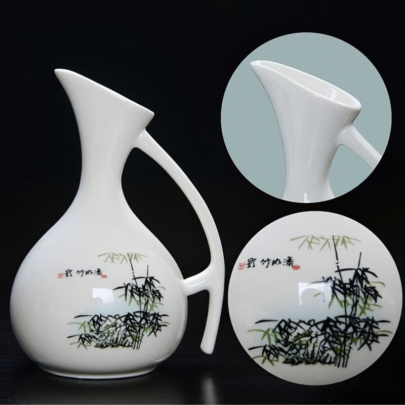 Ceramic Wine Set Japanese Style Blue and White Bamboo 1 Pot 6 Cups White Drinkware Bar Decoration Household Kitchen Supplies acacuss