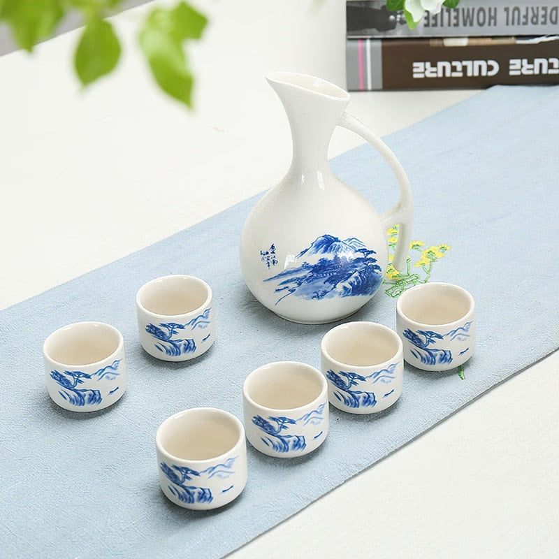 Ceramic Wine Set Japanese Style Blue and White Bamboo 1 Pot 6 Cups White Drinkware Bar Decoration Household Kitchen Supplies acacuss