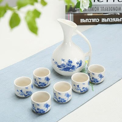 Ceramic Wine Set Japanese Style Blue and White Bamboo 1 Pot 6 Cups White Drinkware Bar Decoration Household Kitchen Supplies acacuss