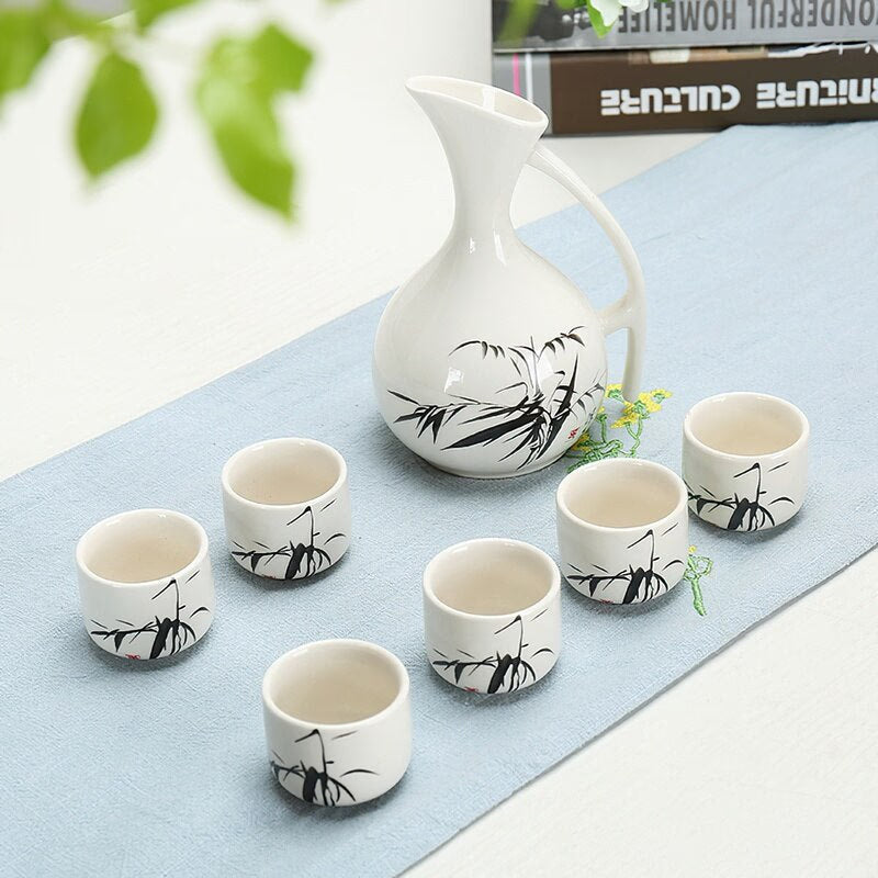 Ceramic Wine Set Japanese Style Blue and White Bamboo 1 Pot 6 Cups White Drinkware Bar Decoration Household Kitchen Supplies acacuss