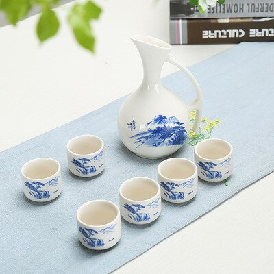 Ceramic Wine Set Japanese Style Blue and White Bamboo 1 Pot 6 Cups White Drinkware Bar Decoration Household Kitchen Supplies acacuss