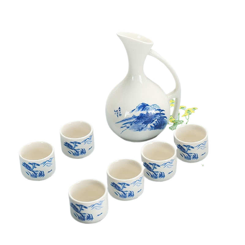 Ceramic Wine Set Japanese Style Blue and White Bamboo 1 Pot 6 Cups White Drinkware Bar Decoration Household Kitchen Supplies acacuss