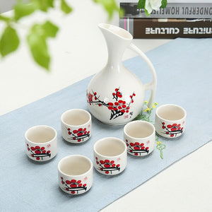 Ceramic Wine Set Japanese Style Blue and White Bamboo 1 Pot 6 Cups White Drinkware Bar Decoration Household Kitchen Supplies acacuss