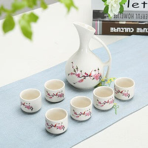 Ceramic Wine Set Japanese Style Blue and White Bamboo 1 Pot 6 Cups White Drinkware Bar Decoration Household Kitchen Supplies acacuss