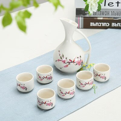 Ceramic Wine Set Japanese Style Blue and White Bamboo 1 Pot 6 Cups White Drinkware Bar Decoration Household Kitchen Supplies acacuss