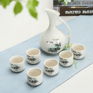 Ceramic Wine Set Japanese Style Blue and White Bamboo 1 Pot 6 Cups White Drinkware Bar Decoration Household Kitchen Supplies acacuss