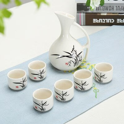 Ceramic Wine Set Japanese Style Blue and White Bamboo 1 Pot 6 Cups White Drinkware Bar Decoration Household Kitchen Supplies acacuss