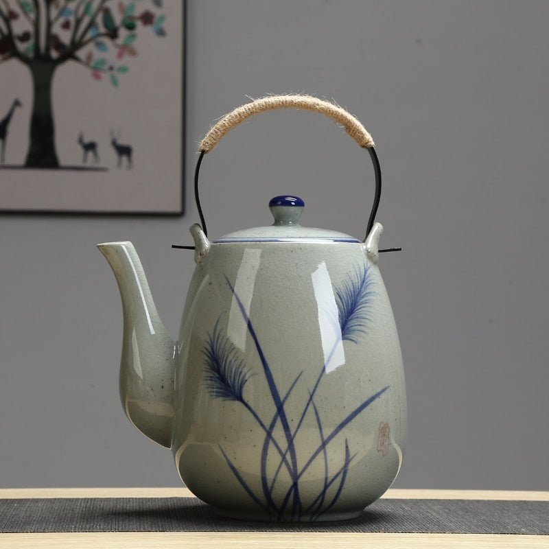 Ceramic big teapot hand-painted retro teapot cooler kettle iron handle lifting pot restaurant kettle household acacuss