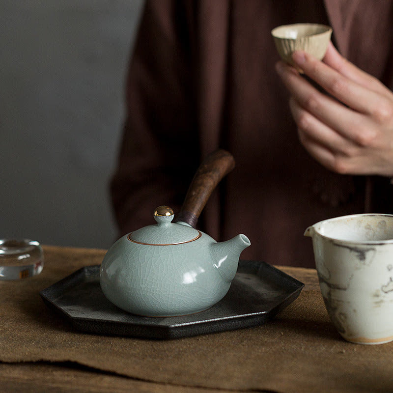 Ceramic kyusu teapot with wooden Side handle I Japanese Ceramic Teapot acacuss