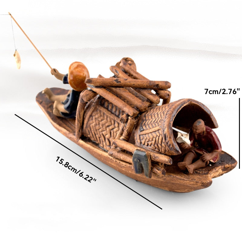 Ceramics Fisherman Boat Figurines for Aquarium Fish Tank Lanscape
