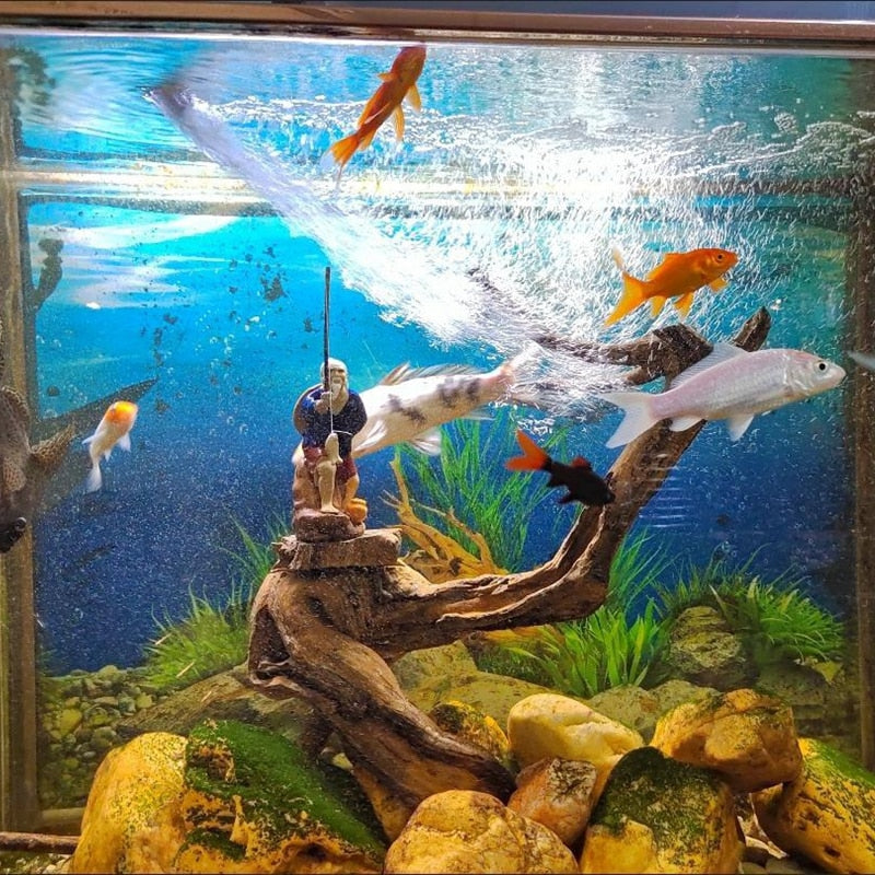 Cat Fishing Figurine Fish Tank Statue Aquarium Decoration Ornament Resin  Décor