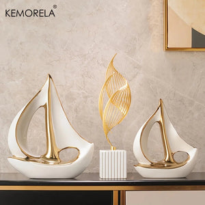 Ceramics Luxury Sailboat Sculpture Post-modern Living Room Ornaments Office Desk Accessories Decorative Boat Figurines Craft acacuss