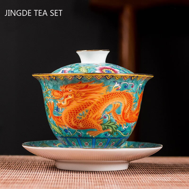 Ceramics Sancai Gaiwan Bowl Dragon and Phoenix Master Cup Tea Cup Handmade Enamel Color Tea Bowl High-end Respect Tea Set acacuss