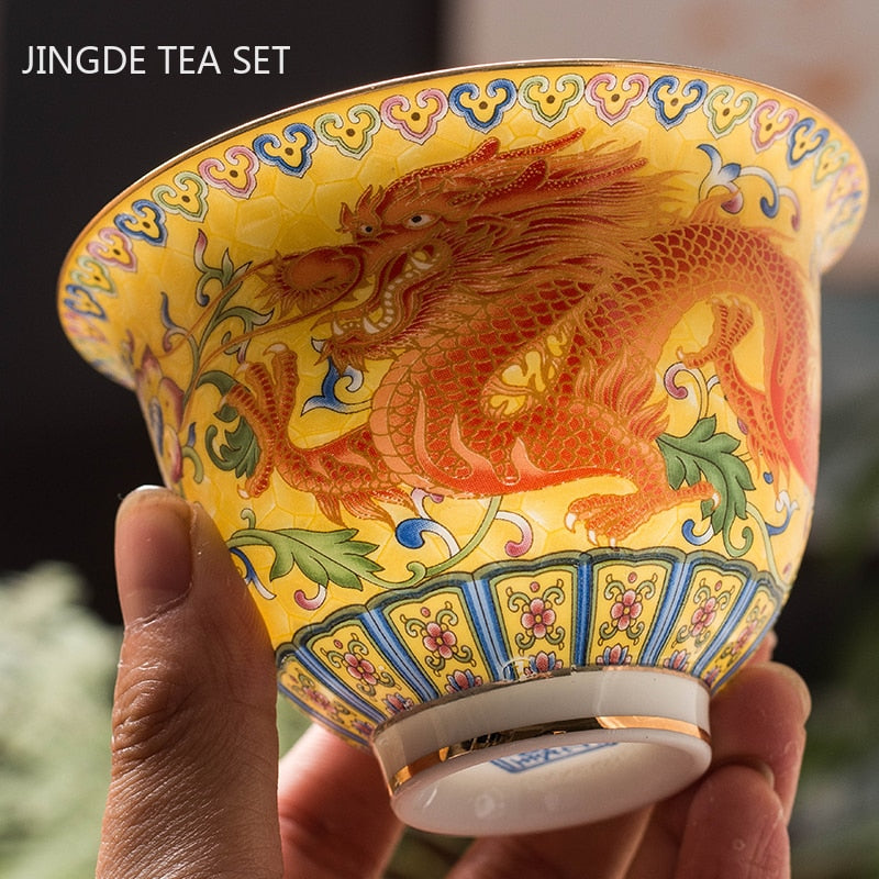 Ceramics Sancai Gaiwan Bowl Dragon and Phoenix Master Cup Tea Cup Handmade Enamel Color Tea Bowl High-end Respect Tea Set acacuss
