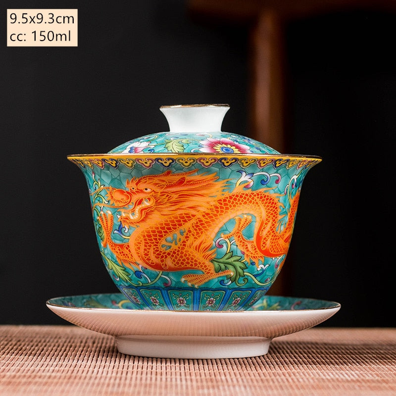 Ceramics Sancai Gaiwan Bowl Dragon and Phoenix Master Cup Tea Cup Handmade Enamel Color Tea Bowl High-end Respect Tea Set acacuss