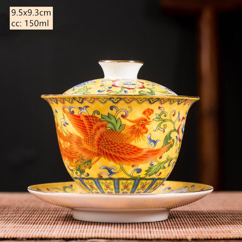 Ceramics Sancai Gaiwan Bowl Dragon and Phoenix Master Cup Tea Cup Handmade Enamel Color Tea Bowl High-end Respect Tea Set acacuss