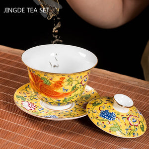 Ceramics Sancai Gaiwan Bowl Dragon and Phoenix Master Cup Tea Cup Handmade Enamel Color Tea Bowl High-end Respect Tea Set acacuss