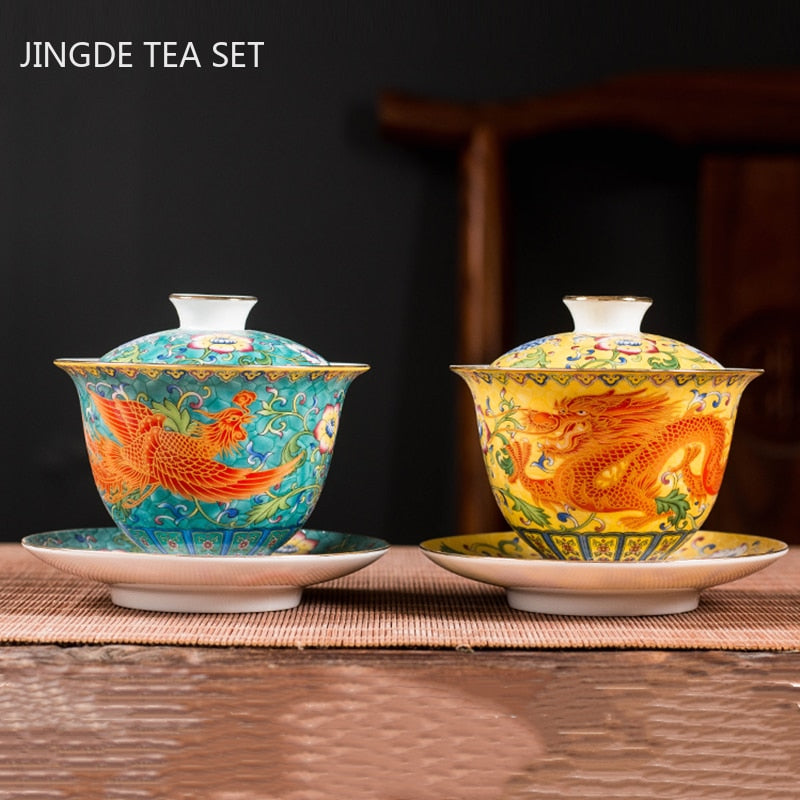 Ceramics Sancai Gaiwan Bowl Dragon and Phoenix Master Cup Tea Cup Handmade Enamel Color Tea Bowl High-end Respect Tea Set acacuss