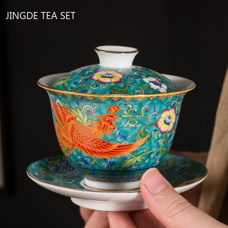 Ceramics Sancai Gaiwan Bowl Dragon and Phoenix Master Cup Tea Cup Handmade Enamel Color Tea Bowl High-end Respect Tea Set acacuss