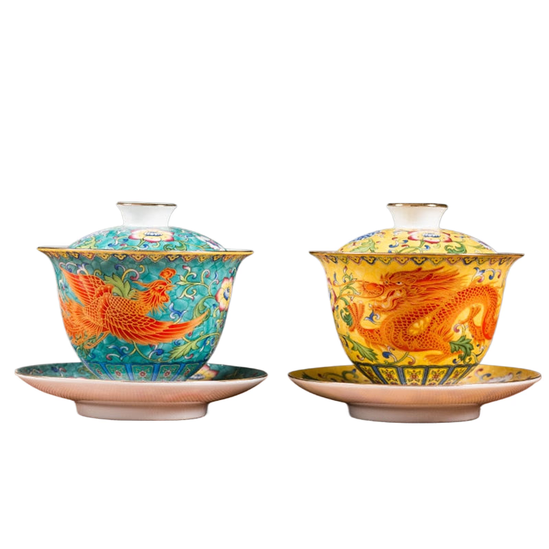 Ceramics Sancai Gaiwan Bowl Dragon and Phoenix Master Cup Tea Cup Handmade Enamel Color Tea Bowl High-end Respect Tea Set acacuss