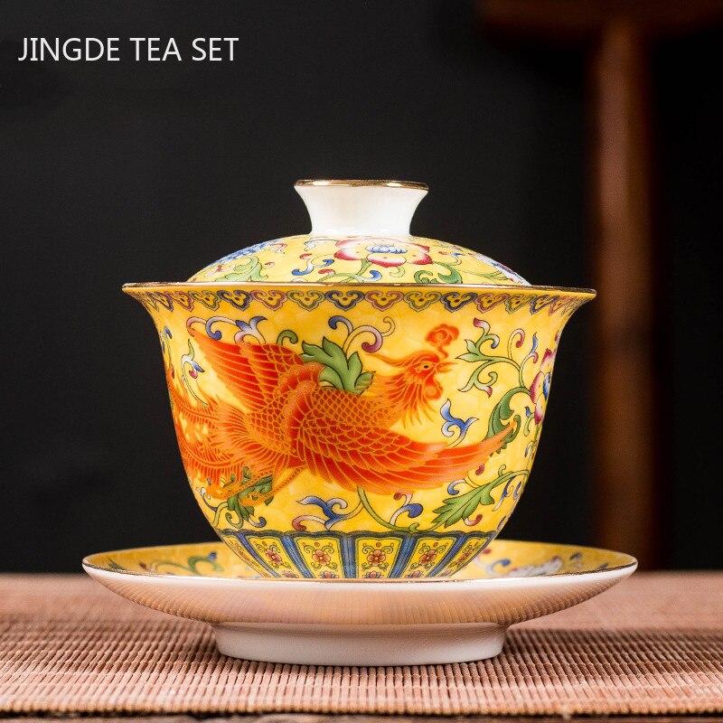 Ceramics Sancai Gaiwan Bowl Dragon and Phoenix Master Cup Tea Cup Handmade Enamel Color Tea Bowl High-end Respect Tea Set acacuss