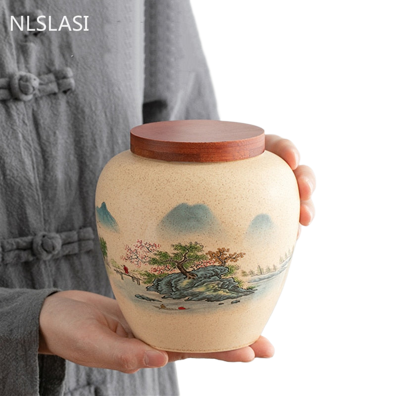 Ceramics Tea Caddy Landscape Pattern Large Capacity Household Storage Tank Travel Tea Bag Sealed Tea Jar Coffee Powder Canister acacuss