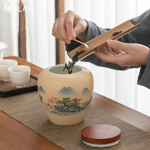 Ceramics Tea Caddy Landscape Pattern Large Capacity Household Storage Tank Travel Tea Bag Sealed Tea Jar Coffee Powder Canister acacuss