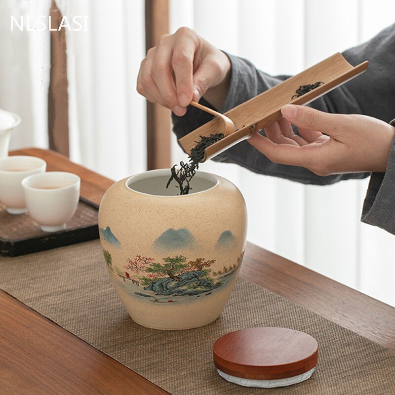 Ceramics Tea Caddy Landscape Pattern Large Capacity Household Storage Tank Travel Tea Bag Sealed Tea Jar Coffee Powder Canister acacuss