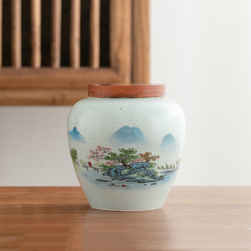 Ceramics Tea Caddy Landscape Pattern Large Capacity Household Storage Tank Travel Tea Bag Sealed Tea Jar Coffee Powder Canister acacuss