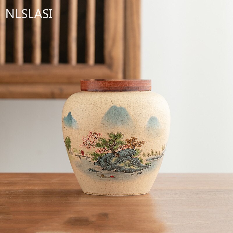 Ceramics Tea Caddy Landscape Pattern Large Capacity Household Storage Tank Travel Tea Bag Sealed Tea Jar Coffee Powder Canister acacuss