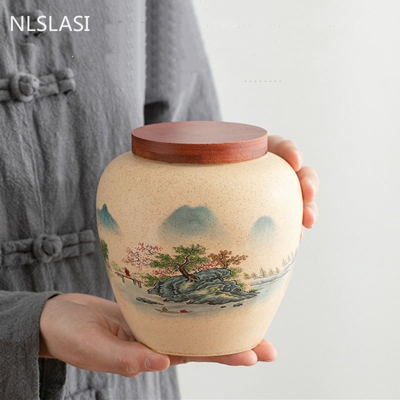 Ceramics Tea Caddy Landscape Pattern Large Capacity Household Storage Tank Travel Tea Bag Sealed Tea Jar Coffee Powder Canister acacuss