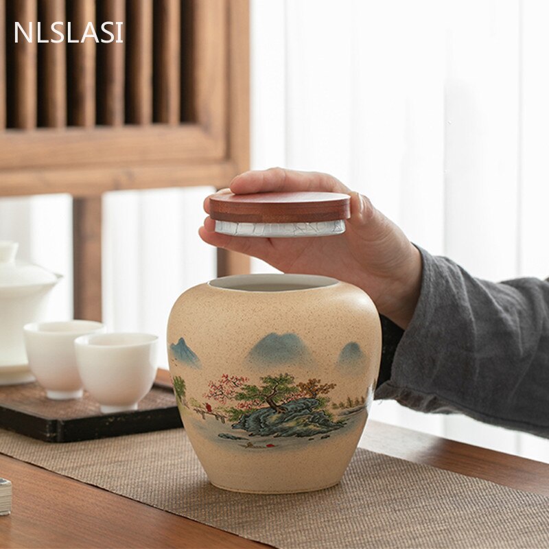 Ceramics Tea Caddy Landscape Pattern Large Capacity Household Storage Tank Travel Tea Bag Sealed Tea Jar Coffee Powder Canister acacuss