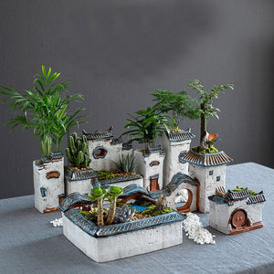Chinese Antique House Retro Building Ceramic Flower Pot Decoration Garden Bonsai Figurines Miniatures Home Ornaments Free Ship acacuss