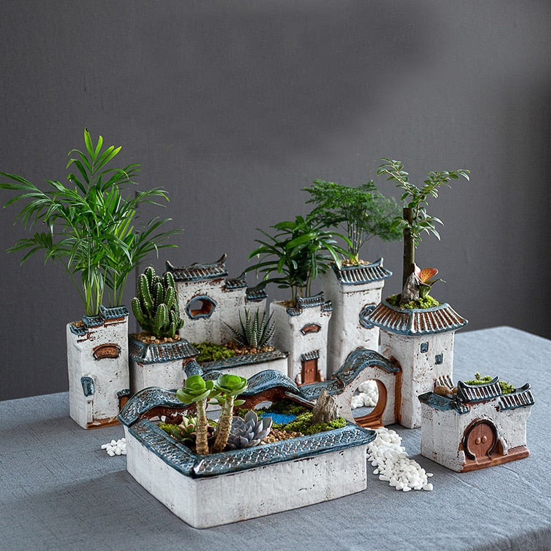 Chinese Antique House Retro Building Ceramic Flower Pot Decoration Garden Bonsai Figurines Miniatures Home Ornaments Free Ship acacuss