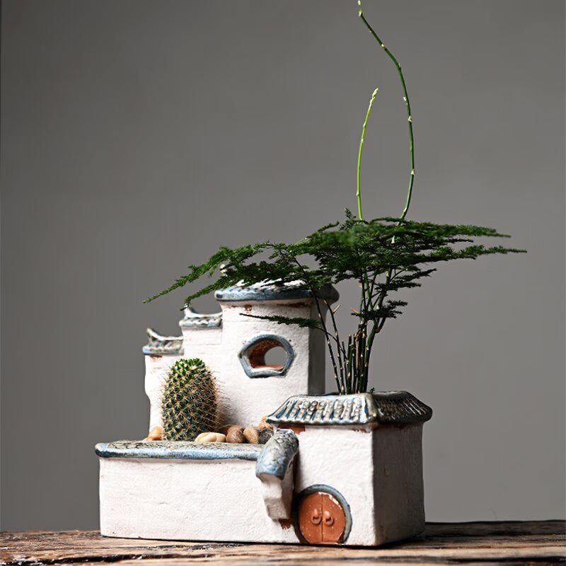 Chinese Antique House Retro Building Ceramic Flower Pot Decoration Garden Bonsai Figurines Miniatures Home Ornaments Free Ship acacuss