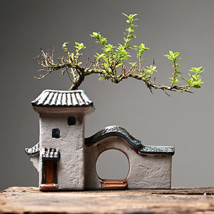 Chinese Antique House Retro Building Ceramic Flower Pot Decoration Garden Bonsai Figurines Miniatures Home Ornaments Free Ship acacuss